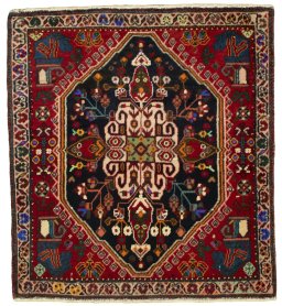 Full view of 2000s Shiraz rug from Iran / Persia, 67 × 61 cm in Red tones