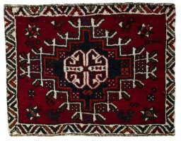 Full view of 2000s Shiraz rug from Iran / Persia, 54 × 70 cm in Red tones