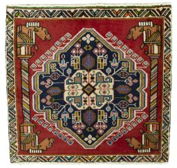 Full view of 2000s Shiraz rug from Iran / Persia, 64 × 67 cm in Red tones