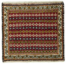 Full view of 2000s Shiraz rug from Iran / Persia, 50 × 52 cm in Red tones