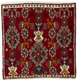 Full view of 2000s Shiraz rug from Iran / Persia, 64 × 63 cm in Red tones
