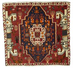Full view of 2000s Shiraz rug from Iran / Persia, 66 × 69 cm in Red tones