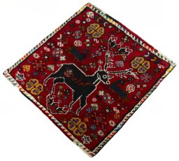 Corner detail of 2000s Shiraz rug showing border pattern and Wool pile