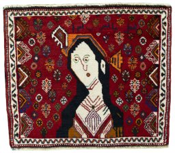 Full view of 2000s Shiraz rug from Iran / Persia, 56 × 67 cm in Red tones