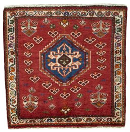 Full view of 2000s Shiraz rug from Iran / Persia, 62 × 63 cm in Red tones