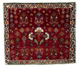 Full view of 2000s Shiraz rug from Iran / Persia, 60 × 70 cm in Red tones