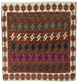 Full view of 2000s Shiraz rug from Iran / Persia, 62 × 59 cm in Red tones