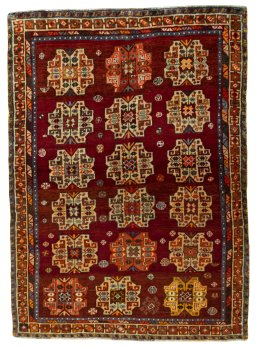 Full view of 2000s Shiraz rug from Iran / Persia, 185 × 136 cm in Red tones