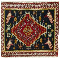 Full view of 2000s Shiraz rug from Iran / Persia, 52 × 55 cm in Red tones