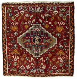 Full view of 2000s Shiraz rug from Iran / Persia, 62 × 60 cm in Red tones