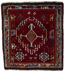 Full view of 2000s Shiraz rug from Iran / Persia, 64 × 60 cm in Red tones