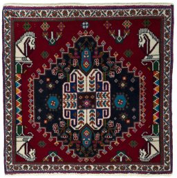 Full view of 2000s Shiraz rug from Iran / Persia, 62 × 63 cm in Red tones