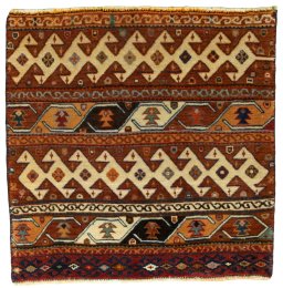 Full view of 2000s Shiraz rug from Iran / Persia, 58 × 60 cm in Red tones