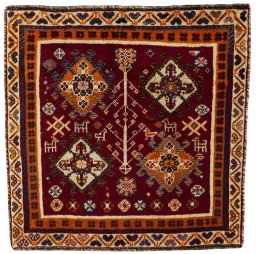 Full view of 2000s Shiraz rug from Iran / Persia, 62 × 63 cm in Red tones