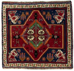 Full view of 2000s Shiraz rug from Iran / Persia, 60 × 64 cm in Red tones