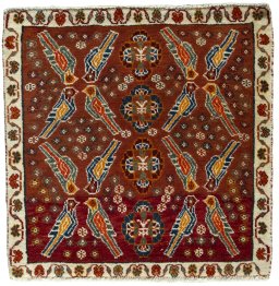 Full view of 2000s Shiraz rug from Iran / Persia, 73 × 74 cm in Red tones