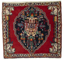 Full view of 2000s Shiraz rug from Iran / Persia, 60 × 63 cm in Red tones