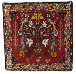 Full view of 2000s Shiraz rug from Iran / Persia, 63 × 64 cm in Red tones