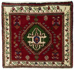 Full view of 2000s Shiraz rug from Iran / Persia, 55 × 60 cm in Red tones