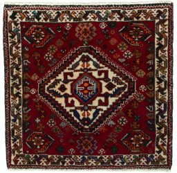 Full view of 2000s Shiraz rug from Iran / Persia, 56 × 57 cm in Red tones