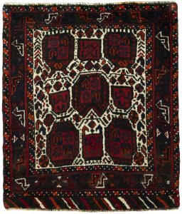 Full view of 2000s Shiraz rug from Iran / Persia, 77 × 67 cm in Red tones
