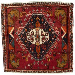 Full view of 2000s Shiraz rug from Iran / Persia, 60 × 60 cm in Red tones