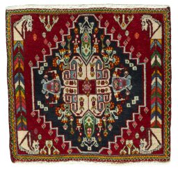 Full view of 2000s Shiraz rug from Iran / Persia, 58 × 62 cm in Red tones