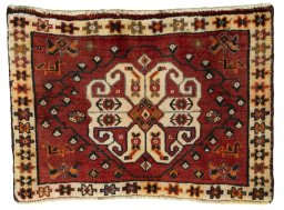 Full view of 2000s Shiraz rug from Iran / Persia, 43 × 64 cm in Red tones