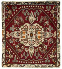 Full view of 2000s Shiraz rug from Iran / Persia, 62 × 55 cm in Red tones
