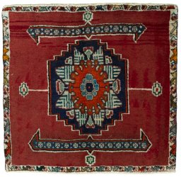 Full view of 2000s Shiraz rug from Iran / Persia, 55 × 59 cm in Red tones