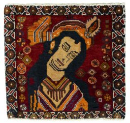 Full view of 2000s Shiraz rug from Iran / Persia, 49 × 52 cm in Red tones