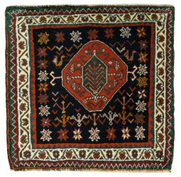 Full view of 2000s Shiraz rug from Iran / Persia, 60 × 63 cm in Red tones