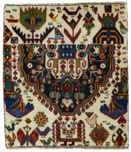 Full view of 2000s Shiraz rug from Iran / Persia, 65 × 58 cm in Red tones