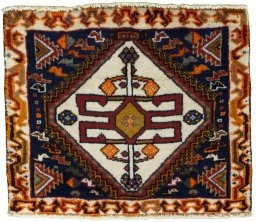 Full view of 2000s Shiraz rug from Iran / Persia, 44 × 53 cm in Red tones