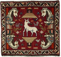 Full view of 2000s Shiraz rug from Iran / Persia, 62 × 66 cm in Red tones