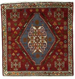 Full view of 2000s Shiraz rug from Iran / Persia, 63 × 62 cm in Red tones