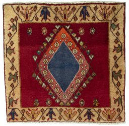 Full view of 2000s Shiraz rug from Iran / Persia, 57 × 60 cm in Red tones