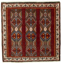 Full view of 2000s Shiraz rug from Iran / Persia, 57 × 55 cm in Red tones