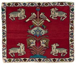 Full view of 2000s Shiraz rug from Iran / Persia, 50 × 61 cm in Red tones