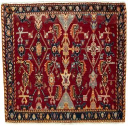 Full view of 2000s Shiraz rug from Iran / Persia, 62 × 65 cm in Red tones