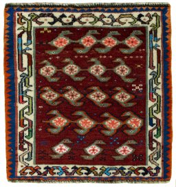 Full view of 2000s Shiraz rug from Iran / Persia, 62 × 60 cm in Red tones