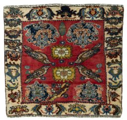 Full view of 2000s Shiraz rug from Iran / Persia, 55 × 59 cm in Red tones