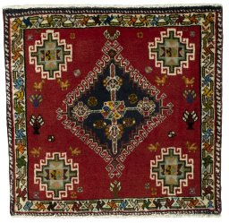 Full view of 2000s Shiraz rug from Iran / Persia, 61 × 64 cm in Red tones