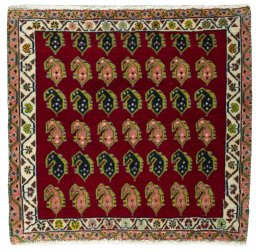Full view of 2000s Shiraz rug from Iran / Persia, 58 × 60 cm in Red tones