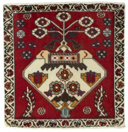 Full view of 2000s Shiraz rug from Iran / Persia, 62 × 61 cm in Red tones