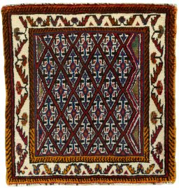 Full view of 2000s Shiraz rug from Iran / Persia, 64 × 60 cm in Red tones