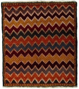 Full view of 2000s Shiraz rug from Iran / Persia, 63 × 56 cm in Red tones