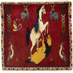 Full view of 2000s Shiraz rug from Iran / Persia, 64 × 67 cm in Red tones
