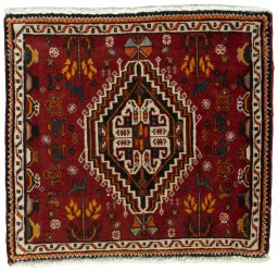 Full view of 2000s Shiraz rug from Iran / Persia, 58 × 63 cm in Red tones