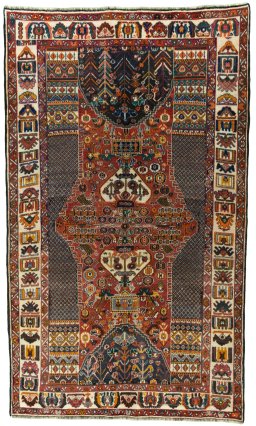 Full view of 1970s Shiraz rug from Iran / Persia, 251 × 150 cm in Red tones